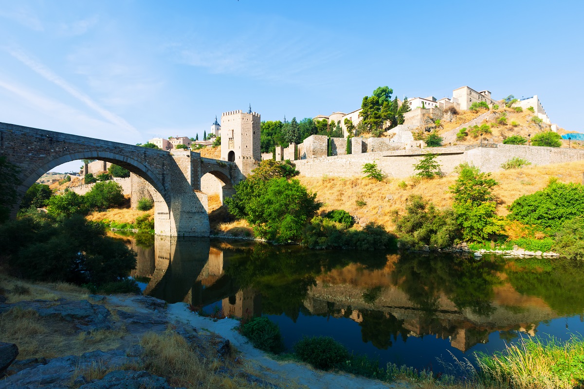 View of Puente of Alcantara from East in day. Toledo, Spain 