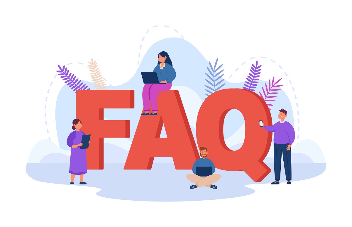 Tiny business people with giant FAQ letters. Gadget users searching for instructions or useful information flat vector illustration. Customer support, solution concept for banner or landing web page