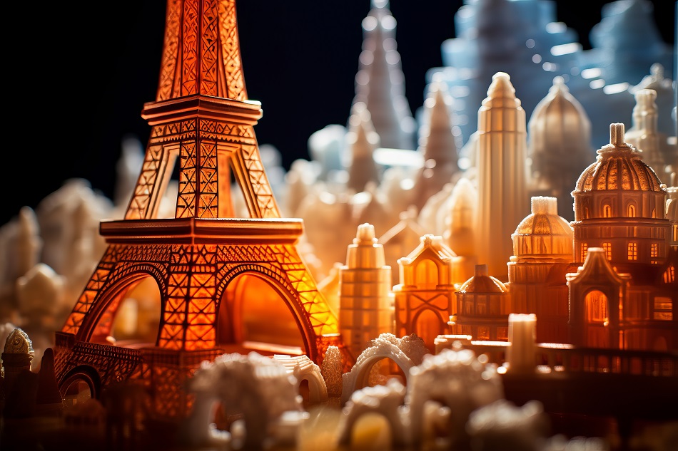 A stock photo of A macro view of intricate sugar sculptures resembling famous landmarks, illuminated by a play of lights and shadows that bring depth and life to the scene. Created with the attention to detail characteristic of John Wilhelm's style, this composition is a testament to the fusion of technical skill and artistic imagination, --ar 3:2