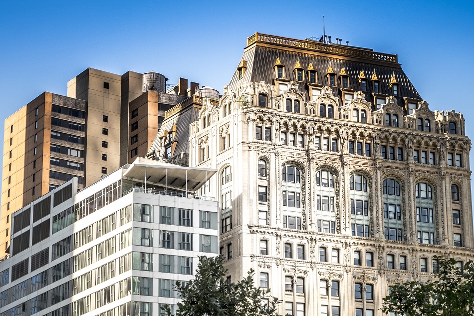 High, modern and aged buildings in New York, USA. Vibrant colors